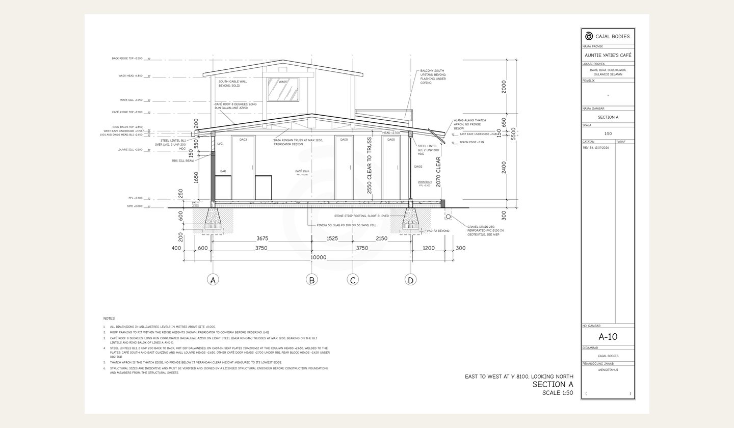 Sheet A-10, section A through the cafe hall and loft