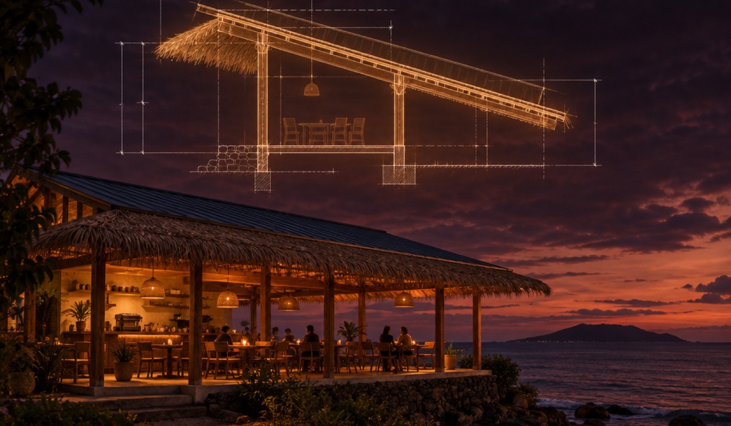 A low-pitched thatch and metal roof over the cafe at dusk, with the roof section drawing projected above it