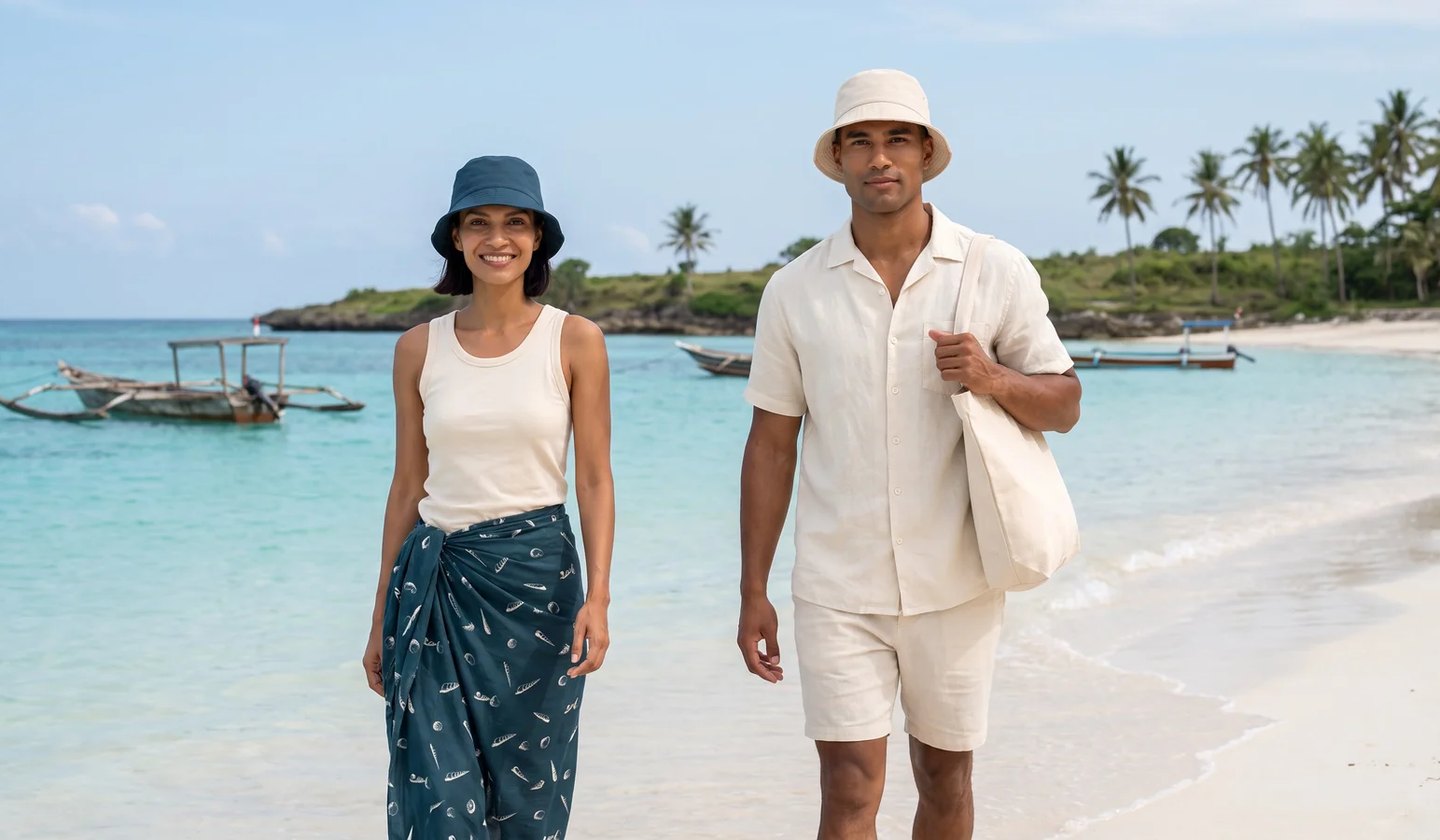 Bekal Pantai: the pareo, the hats and the tote, carried along the waterline