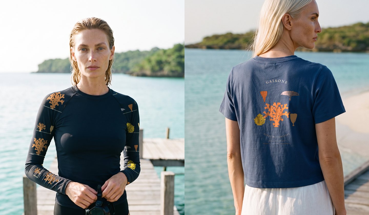 Render of Kebun Karang in colour: the blue-black rashguard with coral garden rows on the sleeves, and the indigo plate tee reading GaiaOne, Coral Restoration, worn on a jetty in Bira