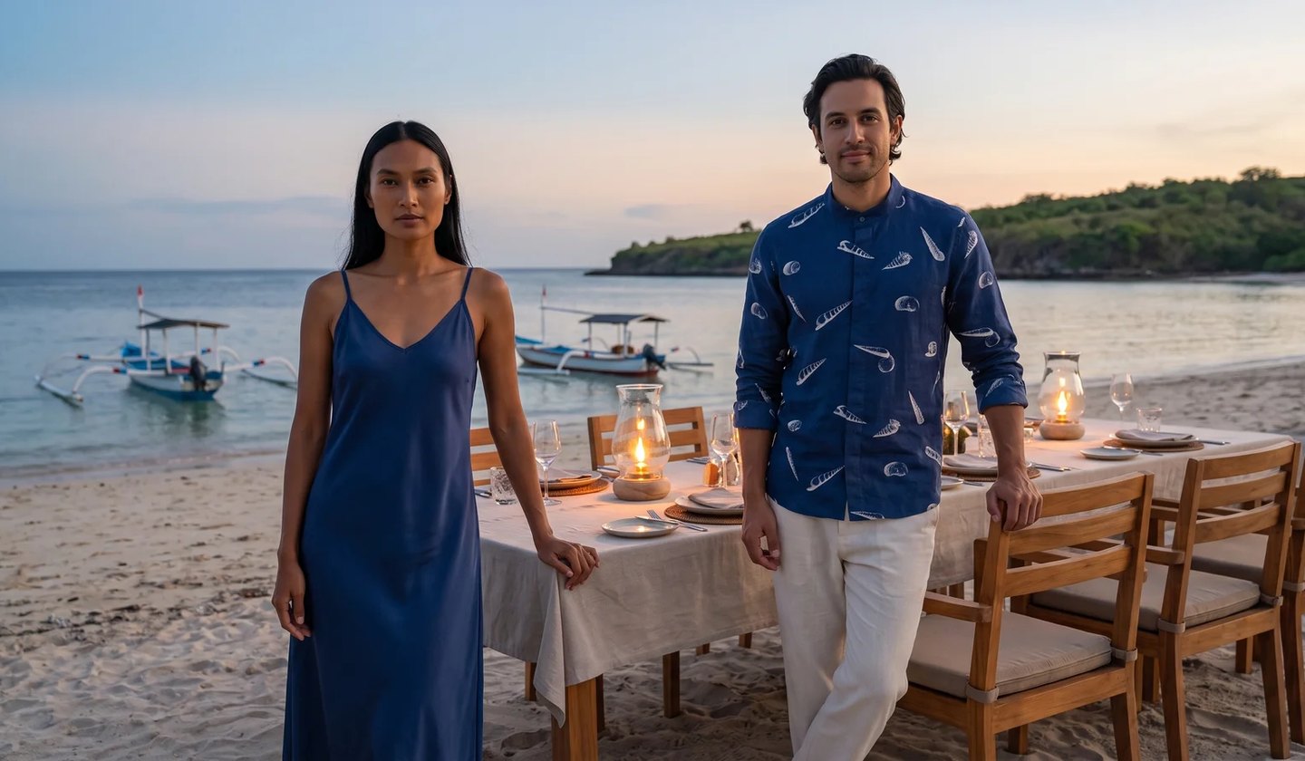 Lemari Laut: the slip dress and the dinner shirt, worn at a table on the beach at dusk