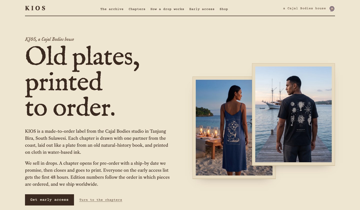 The KIOS lookbook, opening on two renders of pieces worn in Tanjung Bira