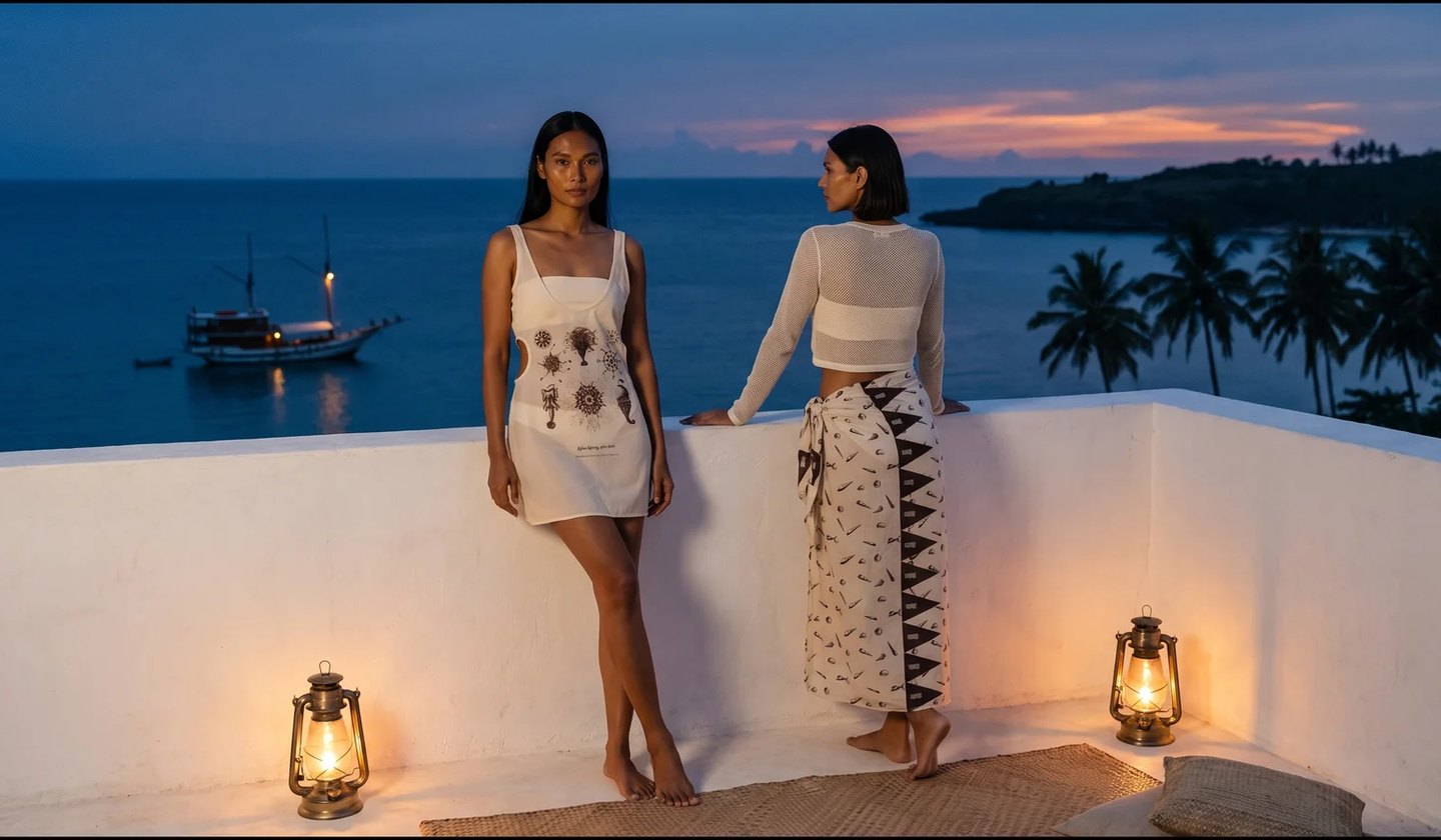KIOS NIGHT: the cut-out slip, and the mesh crop with the sarong, on a rooftop at dusk