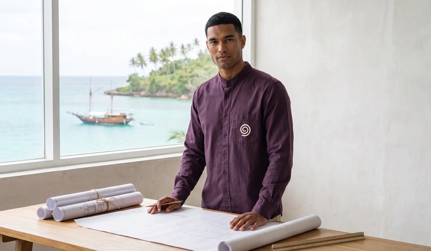 Seragam: the plum work shirt, worn at the studio in Bira