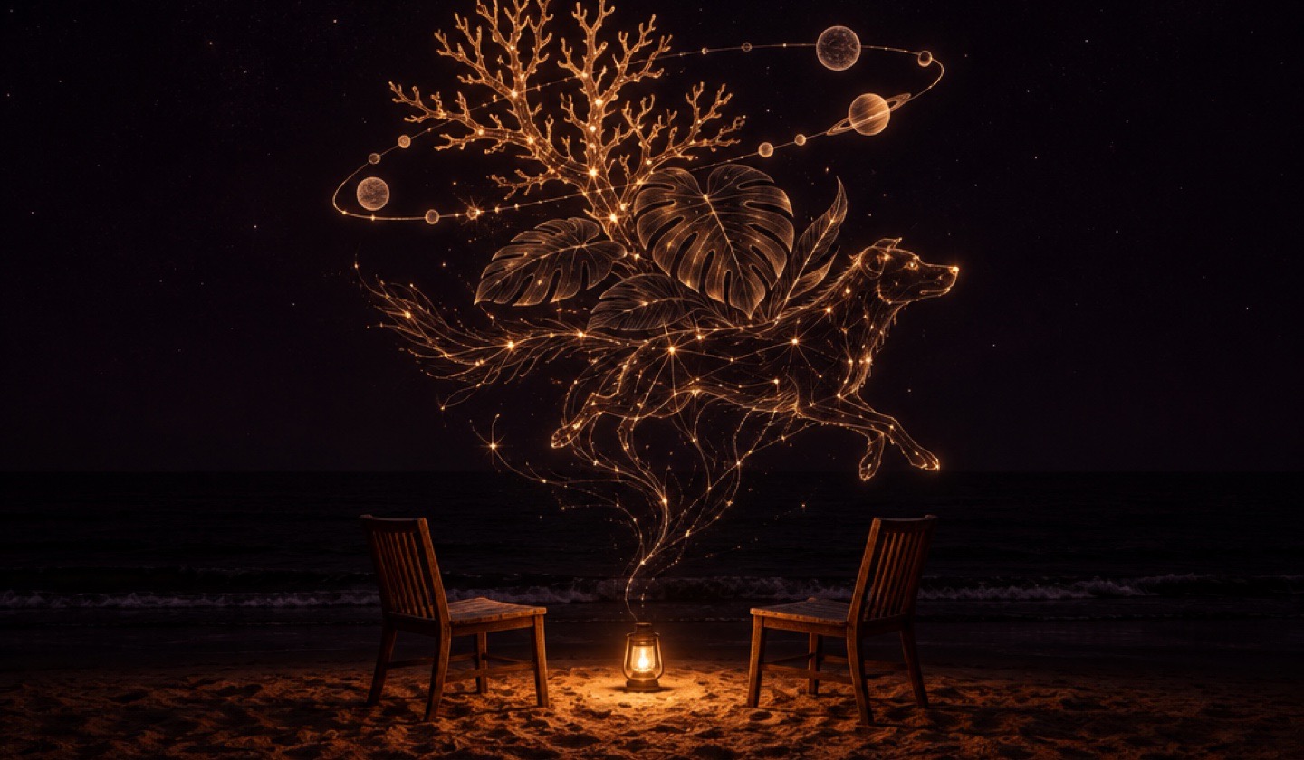 Two chairs and a lamp on a dark beach, a creature of coral, leaves, a dog and planets drawn in light above them