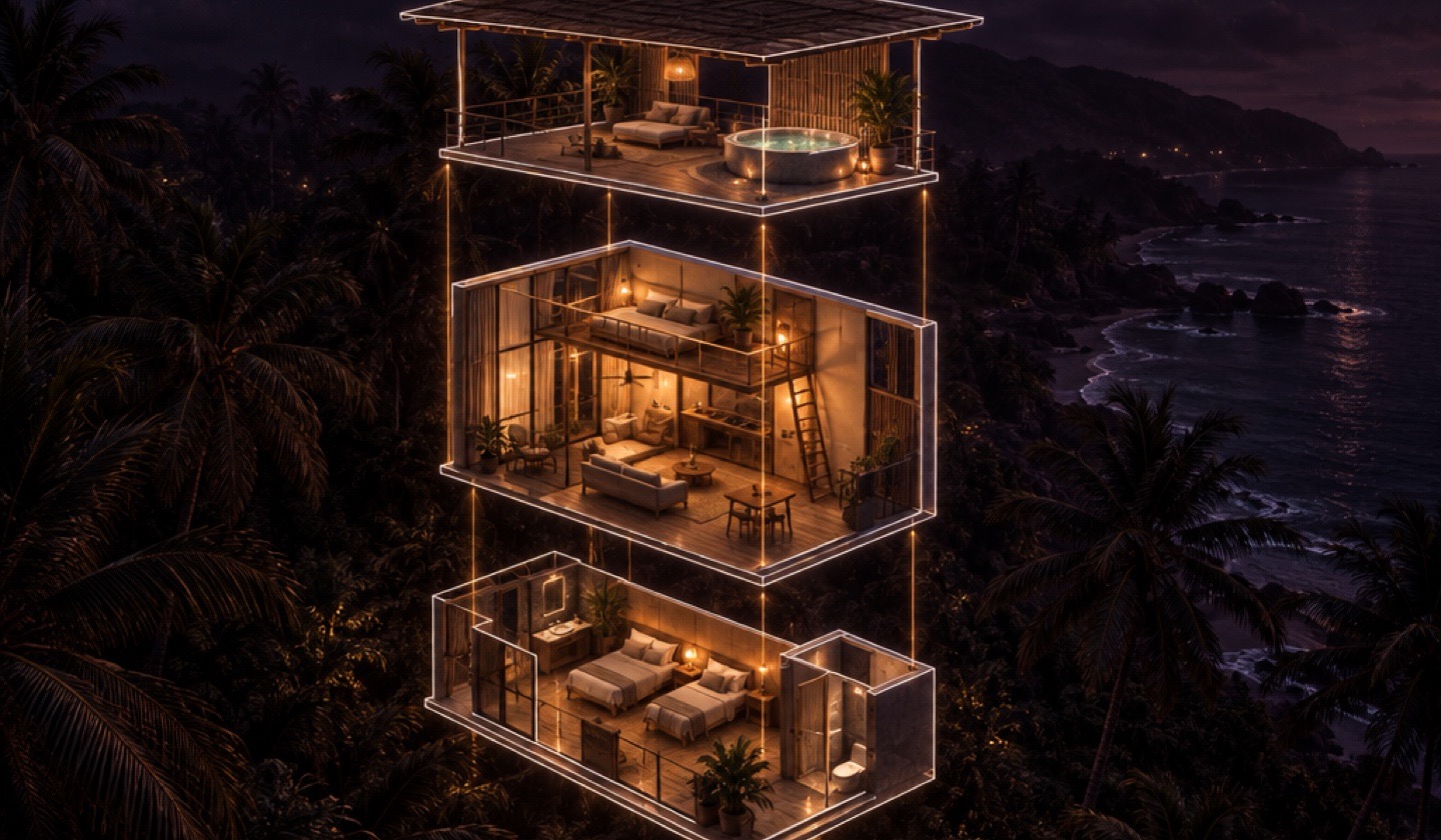 The duplex stack pulled apart floor by floor: twin room, studio with loft, roof terrace with a tub