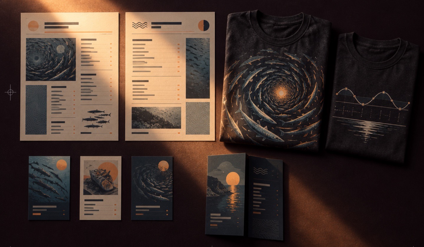 The menus, specials cards, flyer and two Worn Water tees laid out on a dark table